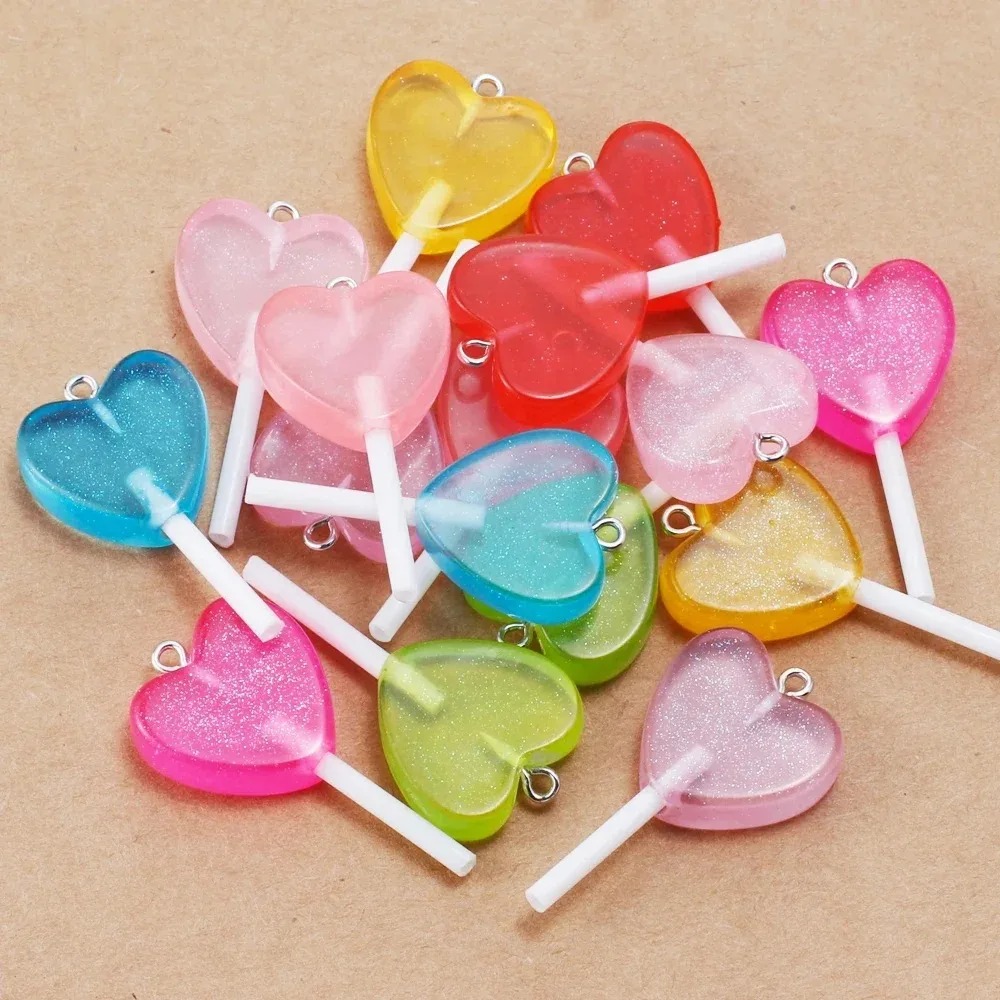 Resin Craft Projects - 10Pcs Kawaii Sparkly Heart Lollipop Resin